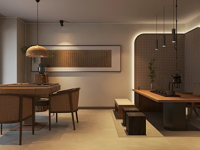 Traditional Hotel Mahjong Room with Wooden Tables Rattan Chairs and Calligraphy Artwork 3d model