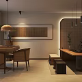 Traditional Hotel Mahjong Room with Wooden Tables Rattan Chairs and Calligraphy Artwork