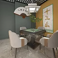 Elegant Hotel Mahjong Room With Mahjong Table Four Chairs Red Plaque And Ceiling Lamp 3d model
