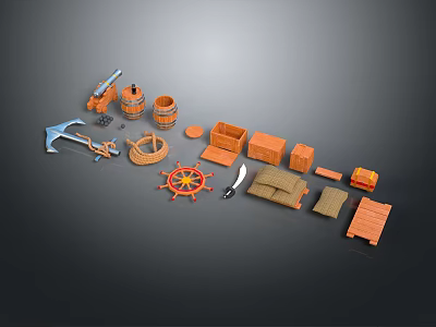 Nautical Theme Wooden Decorative Ornament Set With Steering Wheel Barrels Crates Anchor Rope 3d model