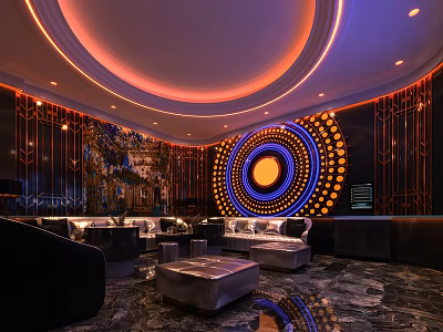 Luxurious Private Box Interior With Circular Neon Light Design And Comfortable Seating 3d model
