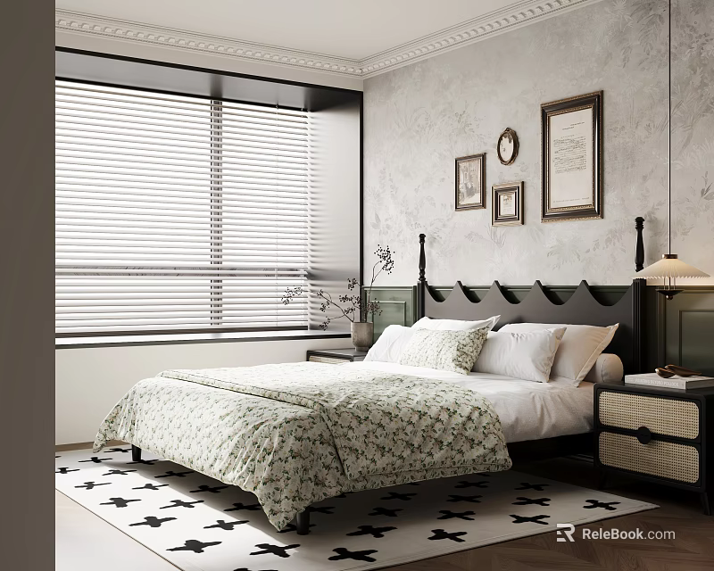 Elegant Bedroom Interior With Blinds Decorative Paintings Black Headboard Bedside Table And Floral Quilt 3d model 