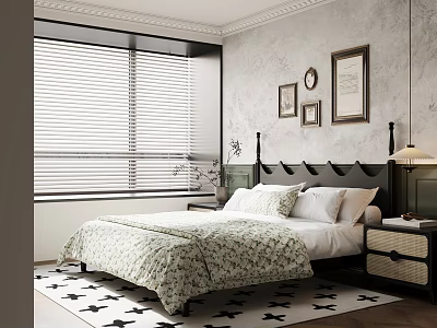 Elegant Bedroom Interior With Blinds Decorative Paintings Black Headboard Bedside Table And Floral Quilt 3d model