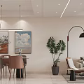 Modern Living Dining Room Interior With Open Layout Sofa Dining Table Chairs And Pendant Lights 3d model