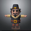 3D Cartoon Pilgrim Character With Black Hat Beard Yellow Belt Red Shoes And Outstretched Arms
