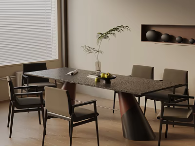 Modern Dining Table Set With Granite Top Dark Chairs Potted Plant And Fruit Bowl 3d model