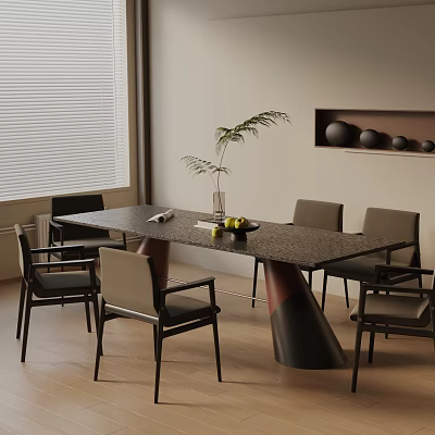 Modern Dining Table Set With Granite Top Dark Chairs Potted Plant And Fruit Bowl 3d model