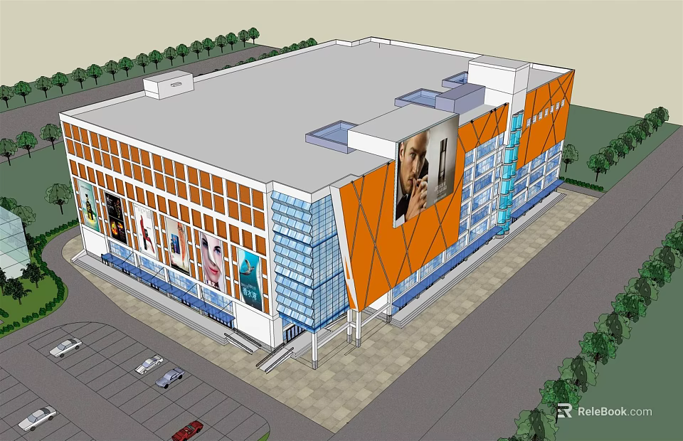 Modern Commercial Complex With Orange Blue Glass Facade Advertisement Billboards Parking Area And Greenery 3d model 
