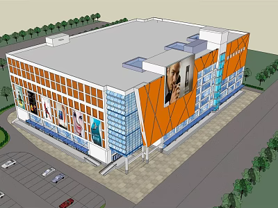Modern Commercial Complex With Orange Blue Glass Facade Advertisement Billboards Parking Area And Greenery 3d model
