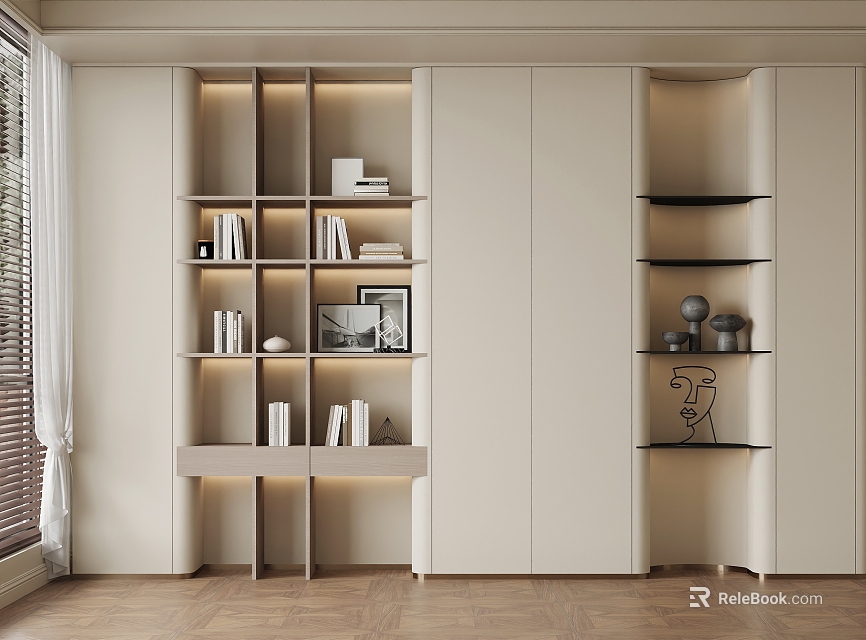 Modern Bookcase Design With Layered Shelves LED Lighting Books Framed Photos And Decorative Items 3d model 