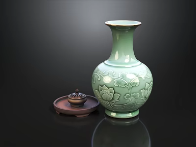 Exquisite Green Ceramic Plate Decoration With Carved Floral Patterns And Wooden Tray 3d model