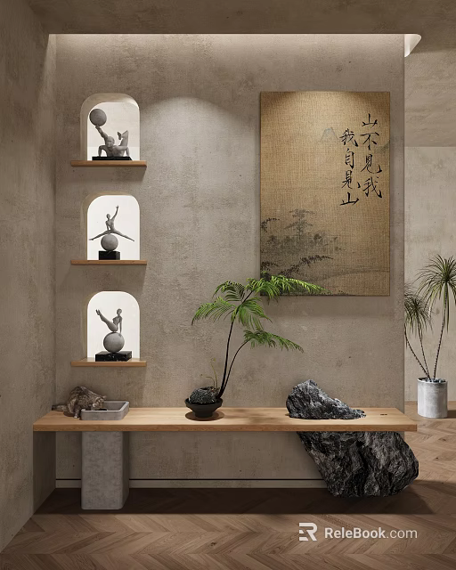Chinese Style Interior With Calligraphy Scroll Arched Shelves Decorative Figurines And Green Plants 3d model 