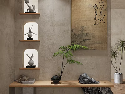 Chinese Style Interior With Calligraphy Scroll Arched Shelves Decorative Figurines And Green Plants 3d model