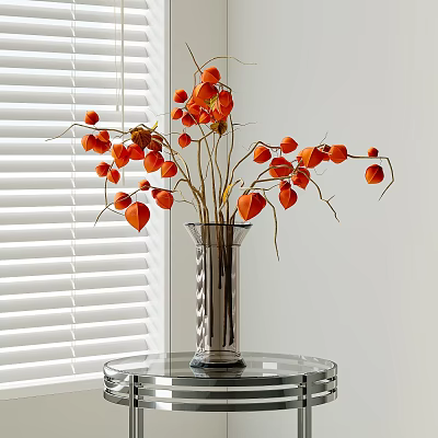 Transparent Glass Vase With Orange Flowers On Glass Table Near White Blinds 3d model
