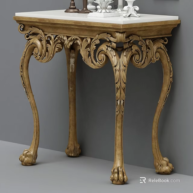 Classical Wooden Console Table With Elaborate Carvings And Curved Legs Design 3d model 