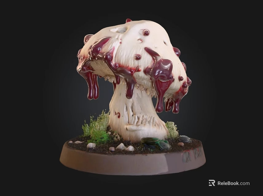 Unique Mushroom Sculpture With White Cap Red Dripping Liquid Green Grass And Brown Base 3d model 