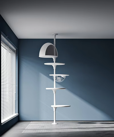Modern White Multi Tier Shelf For Organizing Household Items With Blue Wall And Window Light 3d model