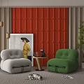 Modern Living Room Red Wavy Accent Wall With Gray Green Sofas 3d model