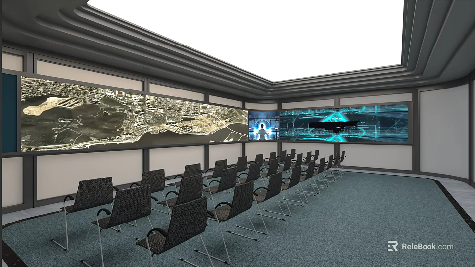 Modern Conference Room With Arranged Chairs Large Screens And Skylight Ceiling 3d model 