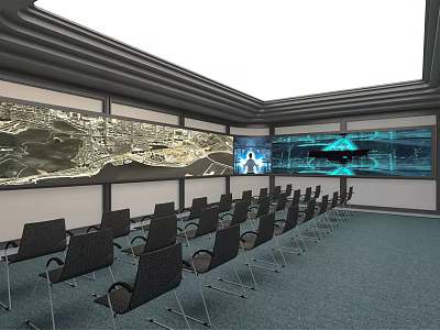 Modern Conference Room With Arranged Chairs Large Screens And Skylight Ceiling 3d model