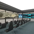 Modern Conference Room With Arranged Chairs Large Screens And Skylight Ceiling