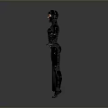 Game Movie Character in Black and Red Bodysuit with Arms Outstretched and Round Mesh Shield