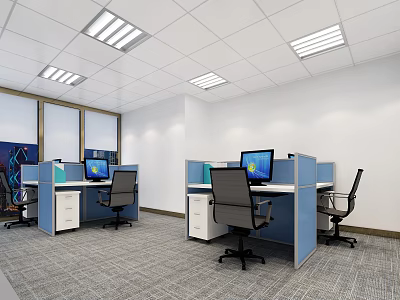 Spacious Public Office Space With Cubicles Computers Gray Carpet And Ceiling Lights 3d model