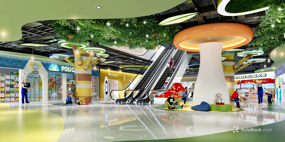 Vibrant Shopping Mall Lobby Featuring Escalators Children's Play Zone Green Decor And Modern Lighting 3d model 