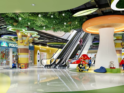 Vibrant Shopping Mall Lobby Featuring Escalators Children's Play Zone Green Decor And Modern Lighting 3d model