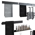 Modern Bathroom Accessories with Towel Racks Shelves and Toiletries in Black Gray