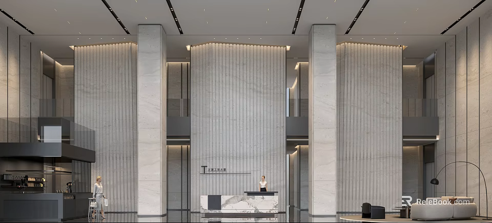 Elegant Modern Lobby Reception Desk Design With Marble Counter And Stone Columns 3d model 
