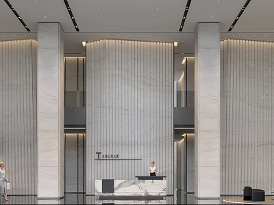 Elegant Modern Lobby Reception Desk Design With Marble Counter And Stone Columns 3d model