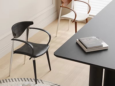 Modern Dining Chairs With Black Leather Armrests And Wooden Frame White Cushion Near Black Table 3d model