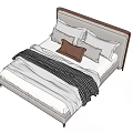 Modern Double Bed With Brown Headboard White Bedding Pillows And Striped Blanket 3d model