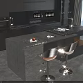 Modern Dining Table Set with Island Counter Marble Top Bar Stools Dark Cabinets City View