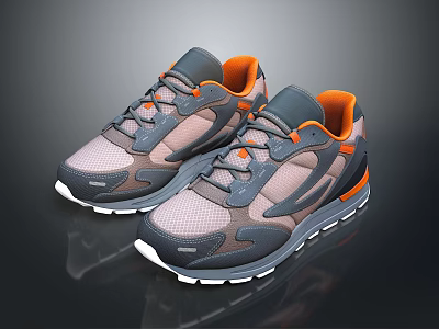 Gray Orange And Pink Athletic Shoes With Mesh Design White Sole And Modern Style 3d model