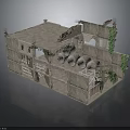 Broken Concrete Building Structure With Exposed Pipes Climbing Vines And Damaged Roof