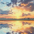 Scenic Sunset Landscape With Golden Sun Colorful Clouds Distant Land And Water Reflection