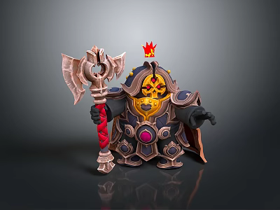Cartoon Woman Warrior Wearing Golden Armor with Red Axe and Crown 3d model