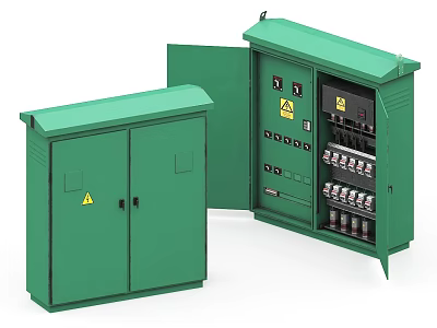Green Industrial Control Cabinet with Open and Closed Doors and Electrical Components 3d model