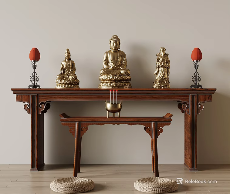 Traditional Wooden Buddhist Shrine Cabinet With Golden Buddha Statues And Red Candle Holders 3d model 