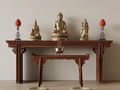 Traditional Wooden Buddhist Shrine Cabinet With Golden Buddha Statues And Red Candle Holders 3d model