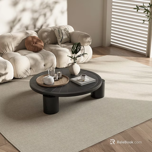 Modern Black Coffee Table With Green Plant White Vase Tray And Books In Living Room 3d model 