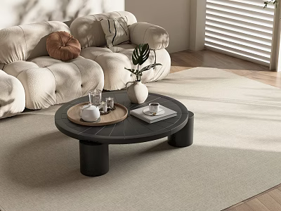 Modern Black Coffee Table With Green Plant White Vase Tray And Books In Living Room 3d model