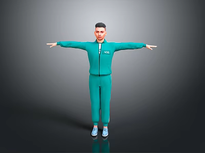 Man In Green Tracksuit Standing With Arms Outstretched On Gray Background 3d model
