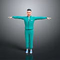 Man In Green Tracksuit Standing With Arms Outstretched On Gray Background