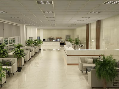 Elegant Hotel Lobby Interior With Reception Desk Comfortable Sofas Green Plants And Modern Lighting 3d model