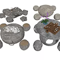 Stone Table and Stool Set with Various Designs Chessboard and Small Plant Decor 3d model