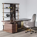 Gray Upholstered Accent Chair In Modern Luxury Office With Wooden Desk And Brass Bookshelf