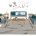Natural Style Sofa Coffee Table Combination With Blue Sofa Wooden Table Pillows Screen And Floor Lamp